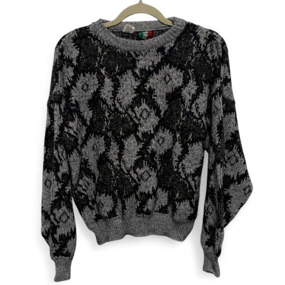 Vintage Sweaters - Vintage Italian Gray Boho Abstract Print Wool Blend Pullover Sweater